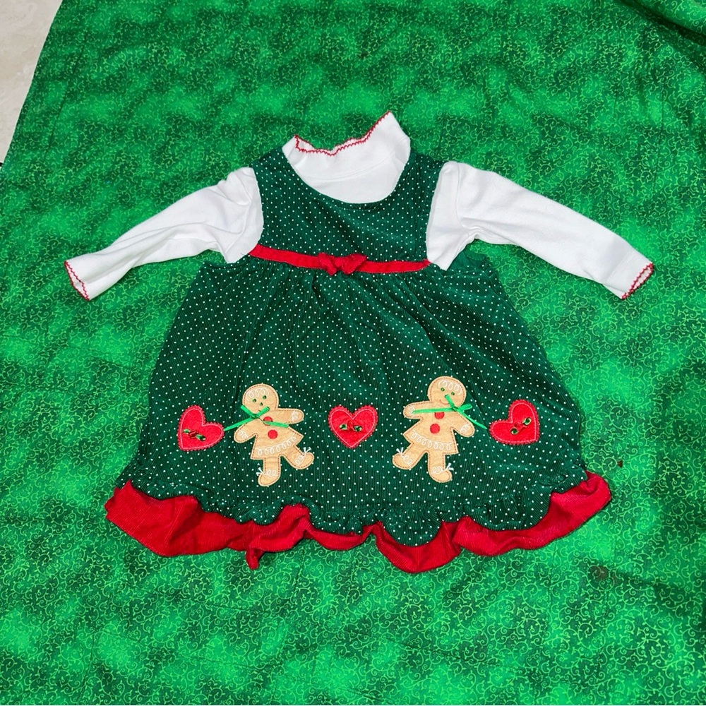CHRISTMAS Girls Corduroy Jumper Dress Gingerbread Family Green Size 18m